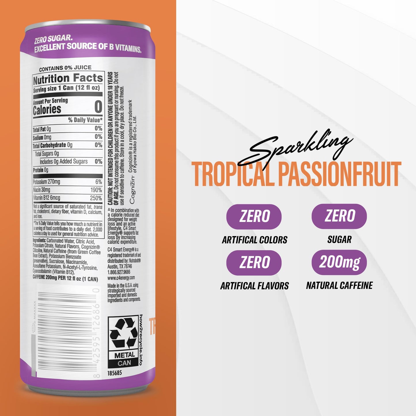 C4 Smart Energy Drink - Sugar Free Performance Fuel & Nootropic Brain Booster, Coffee Substitute or Alternative | Tropical Passionfruit 12 Oz - 24