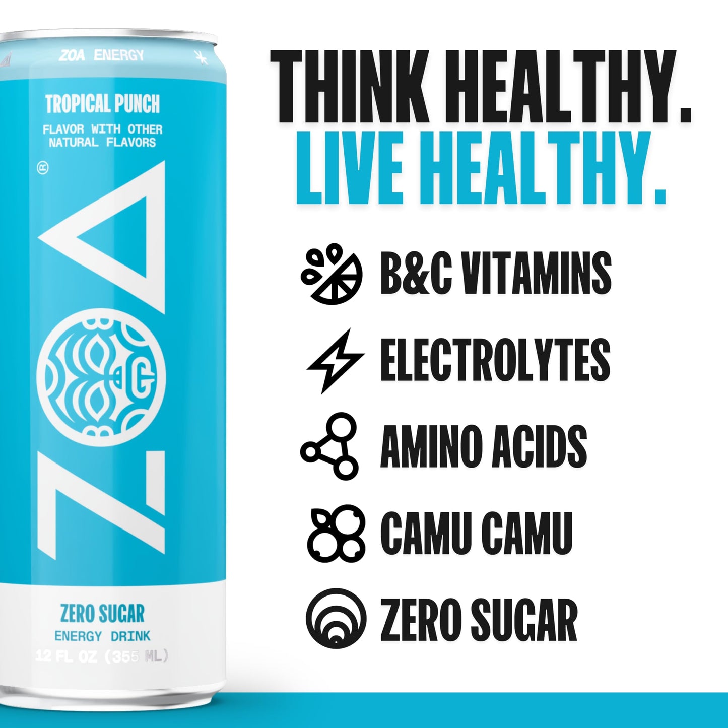 ZOA Zero Sugar Energy Drinks - Tropical Punch | Healthy Energy Formula with Natural Caffeine, Daily Vitamin C, Essential B-Vitamins | Gluten-Free