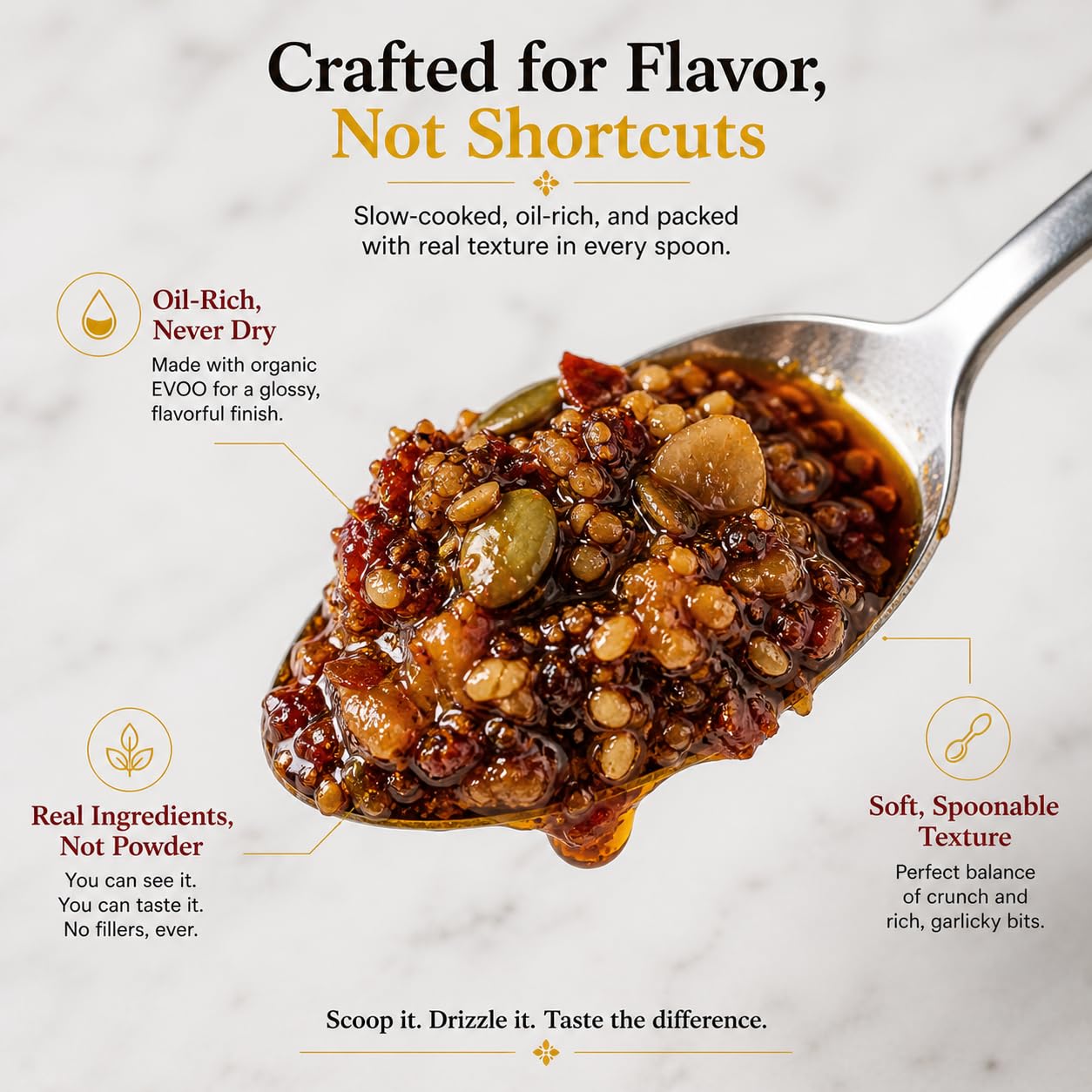 Wok n Tadka Spicy Garlic Chili Crunch 6oz, Crunchy Chili Crisp with Organic EVOO, Superfood Seeds, No Seed Oils, No Sugar Added, Gluten Free, Keto