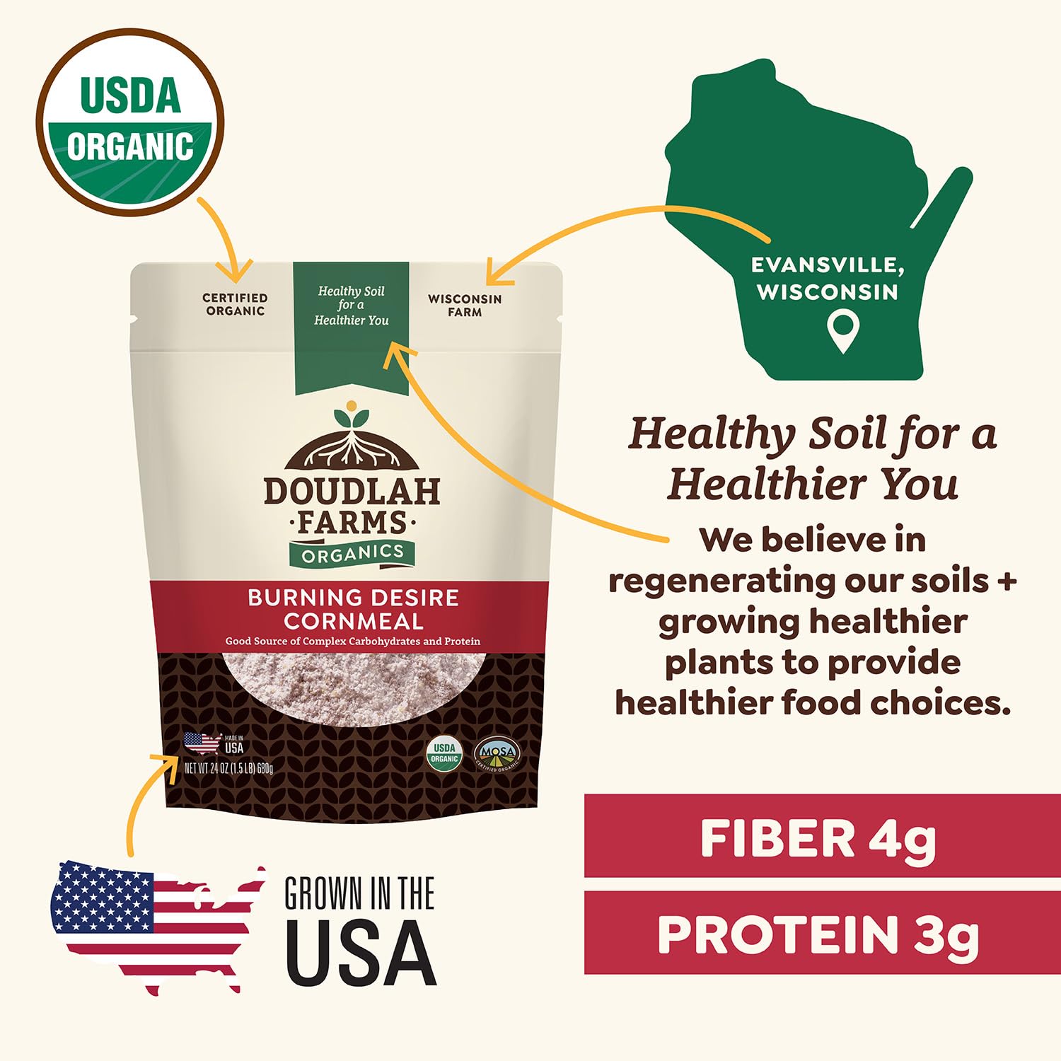 Organic Red Cornmeal Heirloom Red Dent Corn 1.5 lb - USDA Organic, Certified Clean, Non-GMO, Glyphosate Free - Biodynamic & Regeneratively Farmed