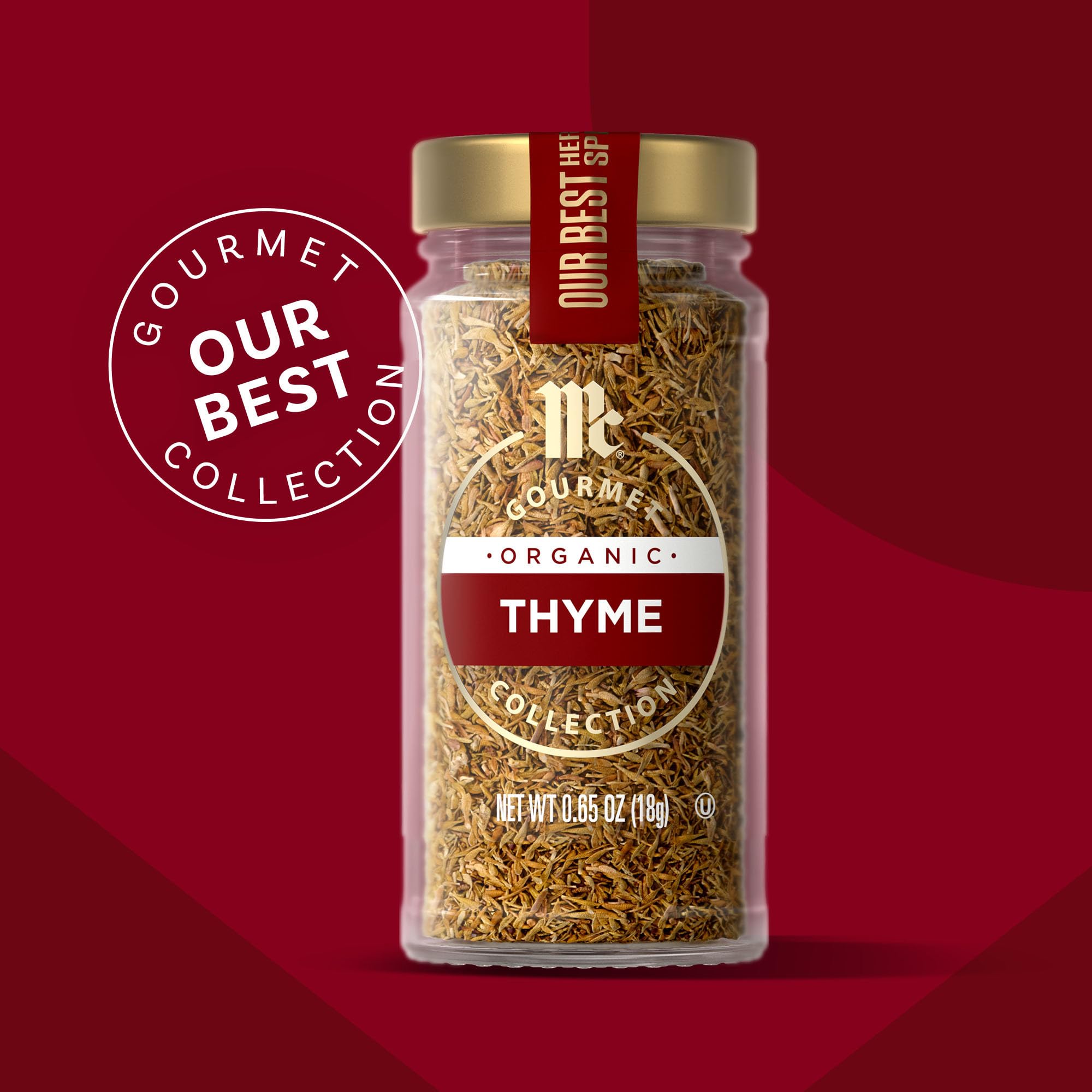 McCormick Gourmet Collection Thyme, Organic, Non GMO, Our Best Herbs & Spices, Warm, Aromatic Flavor Enhances Soups, Stews, Grilled Meats, Vegetables