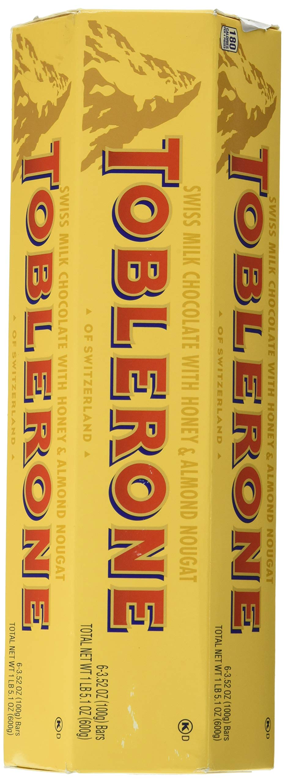 Toblerone Swiss milk chocolate with honey and Almond Nougat - 2 packs of 6 bars