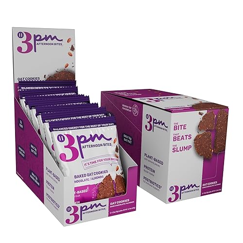3PM Afternoon Bites Dark Chocolate Almond Functional Cookies, with Postbiotics and 5g of Protein, box of 12 individually wrapped cookies
