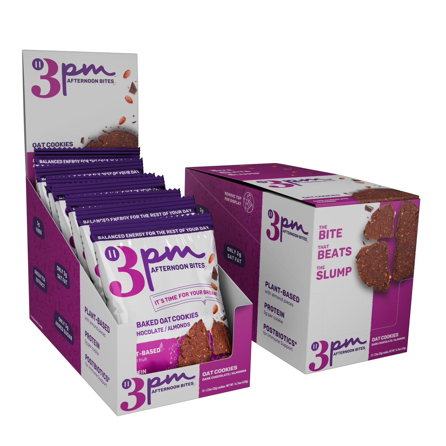 3PM Afternoon Bites Dark Chocolate Almond Functional Cookies, with Postbiotics and 5g of Protein, box of 12 individually wrapped cookies