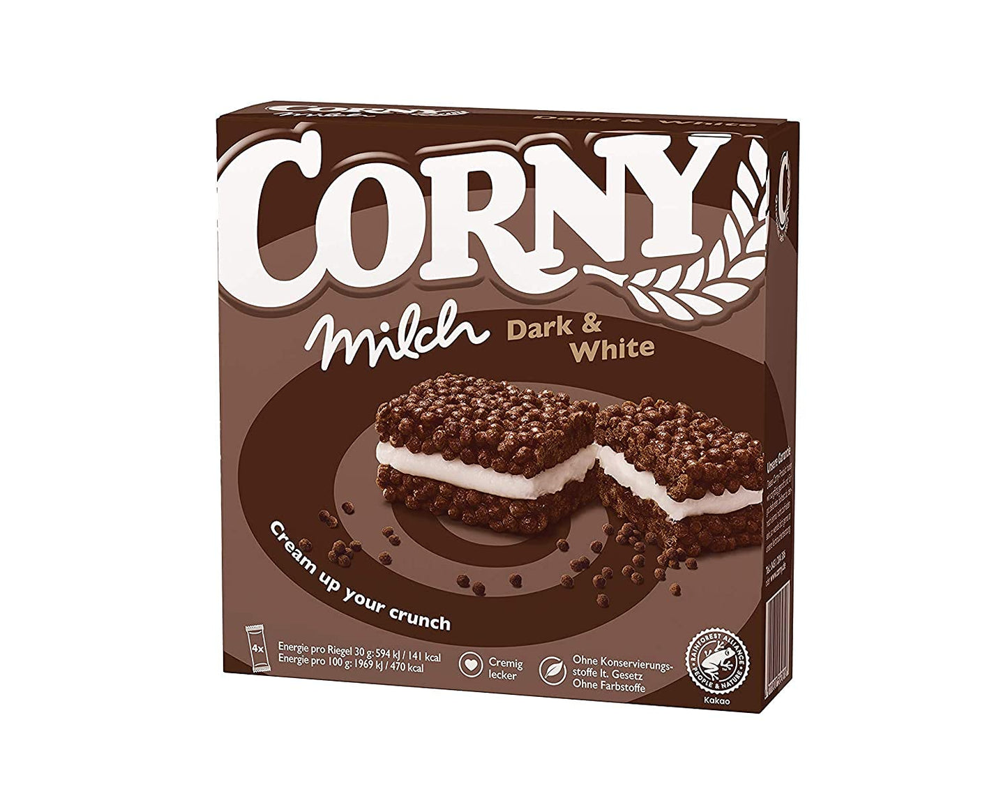 Corny Milch Dark & White Milk Sandwich Cereal Bar | Milk Cream Combined With Valuable Cereals | With Delicious Cocoa Crispies | 4 x 30 g Bars | 1 x