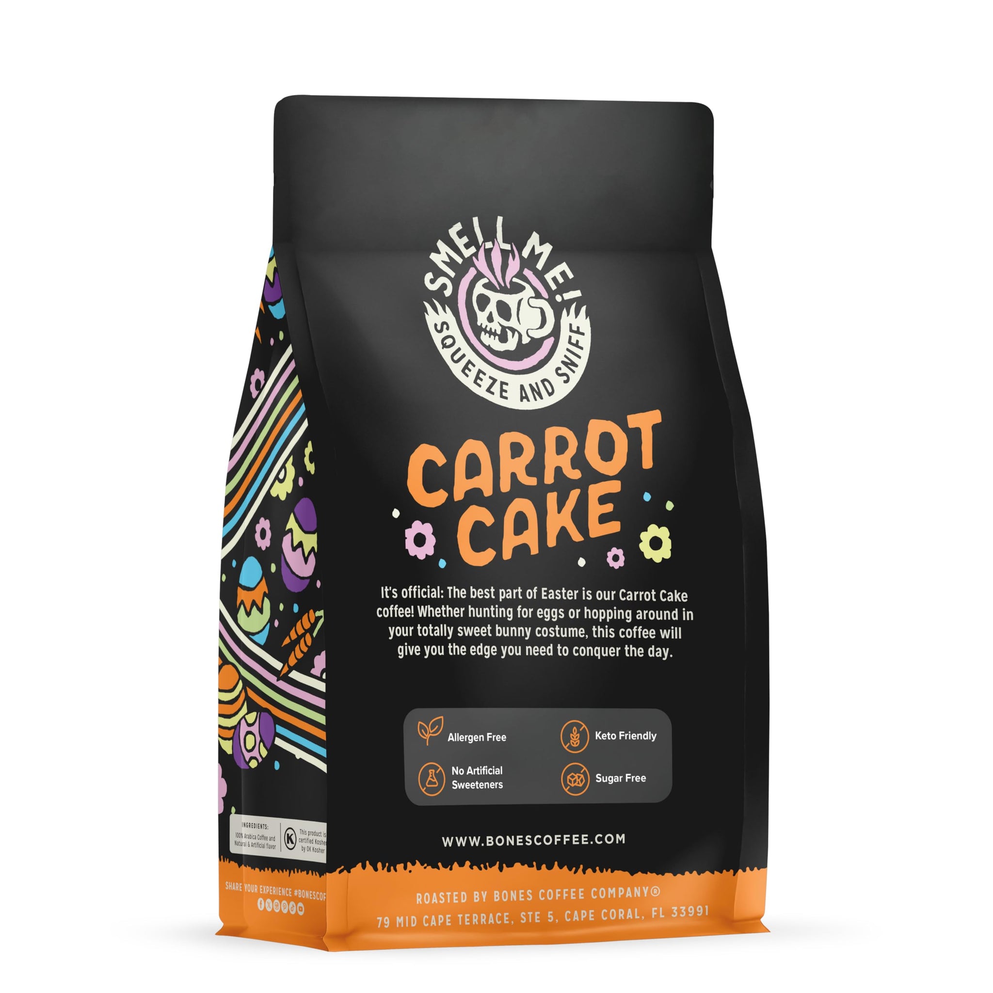 Bones Coffee Company Carrot Cake with Sweet Cream Cheese Flavored Coffee, Medium Roast Low Acid Arabica Beans Compatible with Auto drip and French