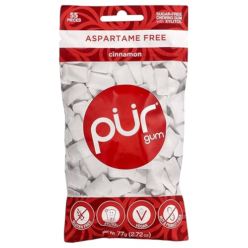 PUR 100% Xylitol Chewing Gum, Cinnamon, 55 Pieces per Bag - Sugar-Free + Aspartame Free, Vegan + non GMO