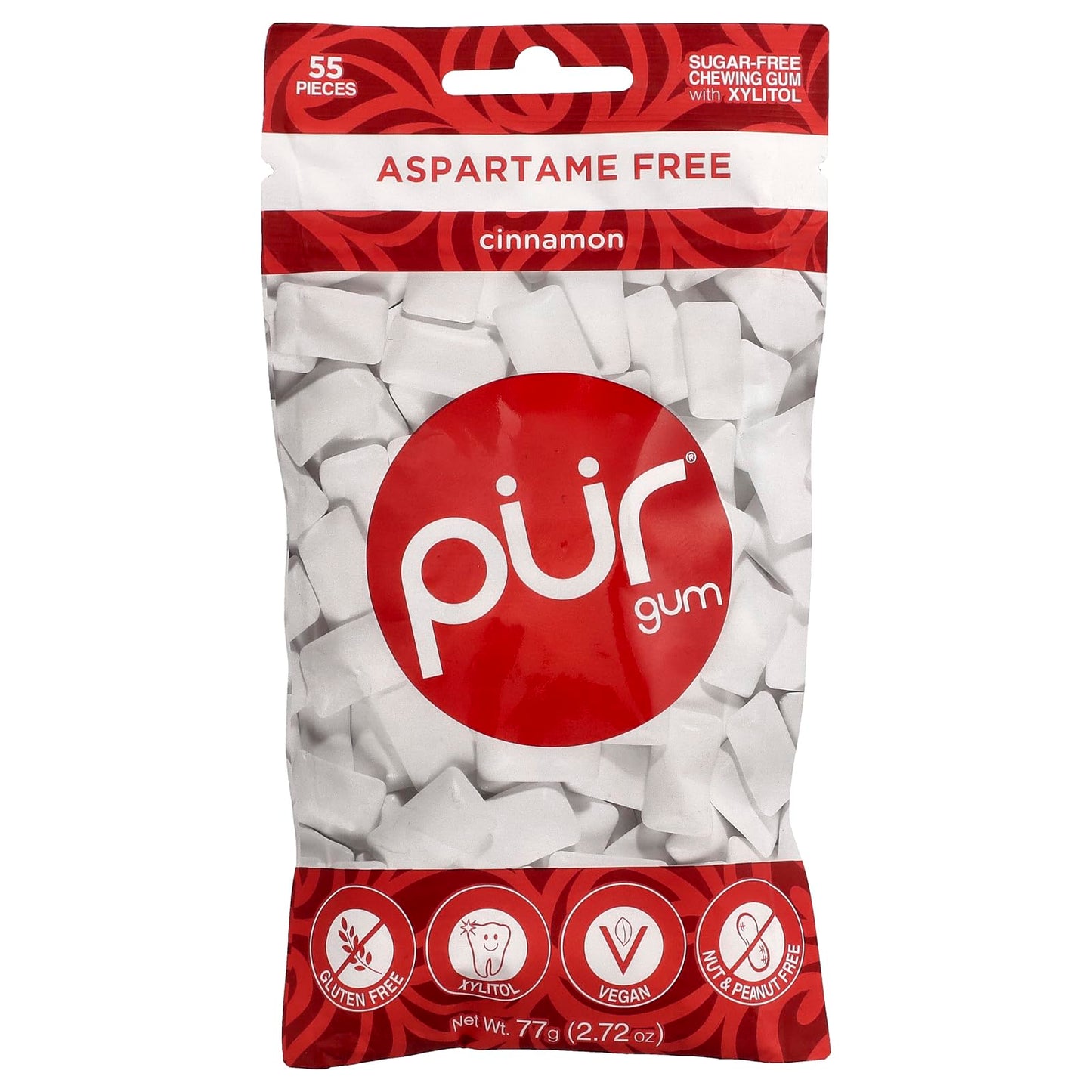 PUR 100% Xylitol Chewing Gum, Cinnamon, 55 Pieces per Bag - Sugar-Free + Aspartame Free, Vegan + non GMO