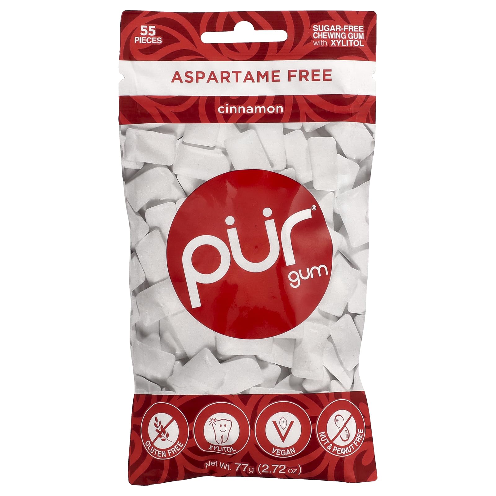 PUR 100% Xylitol Chewing Gum, Cinnamon, 55 Pieces per Bag - Sugar-Free + Aspartame Free, Vegan + non GMO