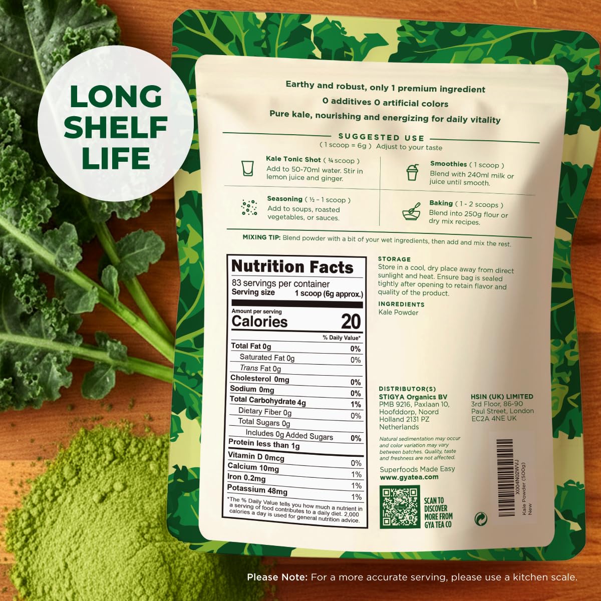 Gya Tea Co Kale Powder 1.1 lb (17.64 oz) 83 Servings, Dried Whole Leaf Kale Powder, Greens Superfood for Smoothies, Teas & Green Drink Mix - Non-GMO