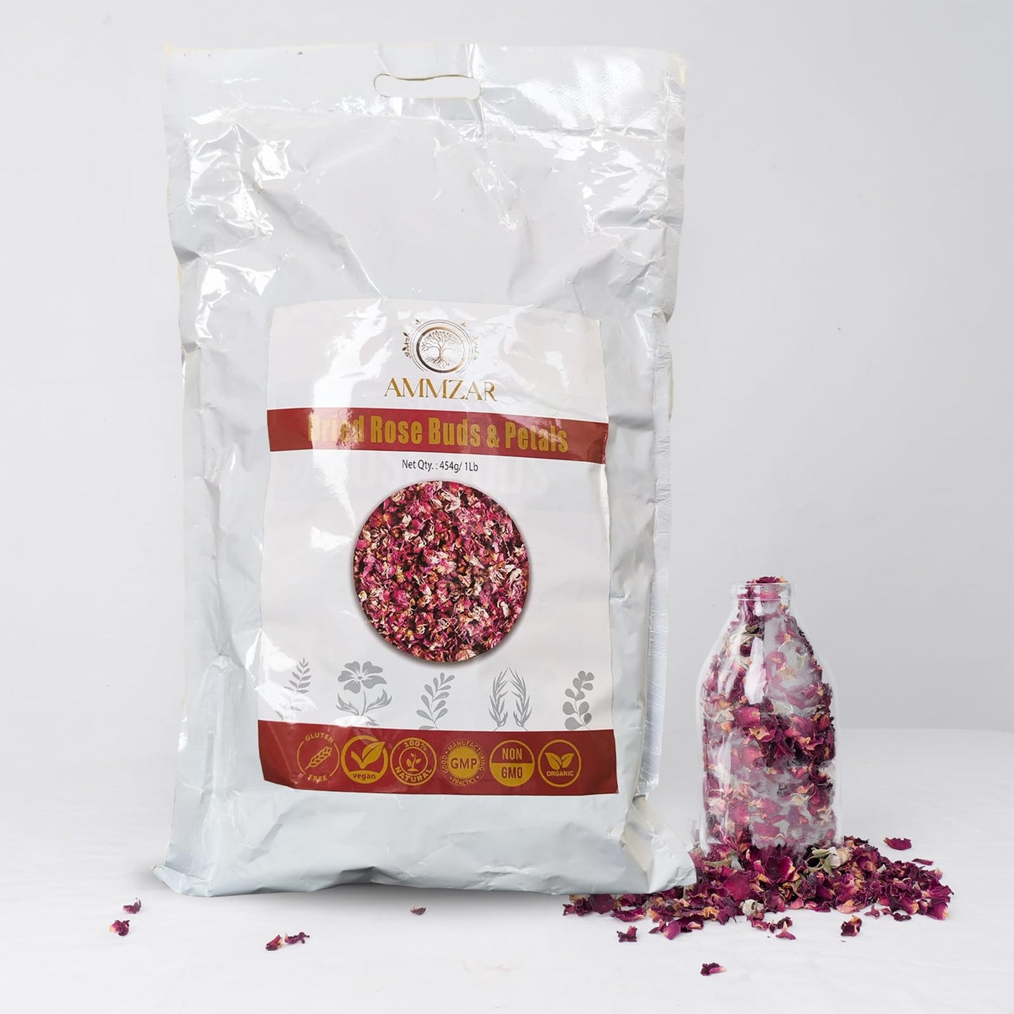 Ammzar Sun-Dried Rose Petals & Dried Rose Buds Whole In Pouch - Fragrant & Rich in Color, Ideal for Culinary & Aromatic Uses Food Grade Edible Flowers