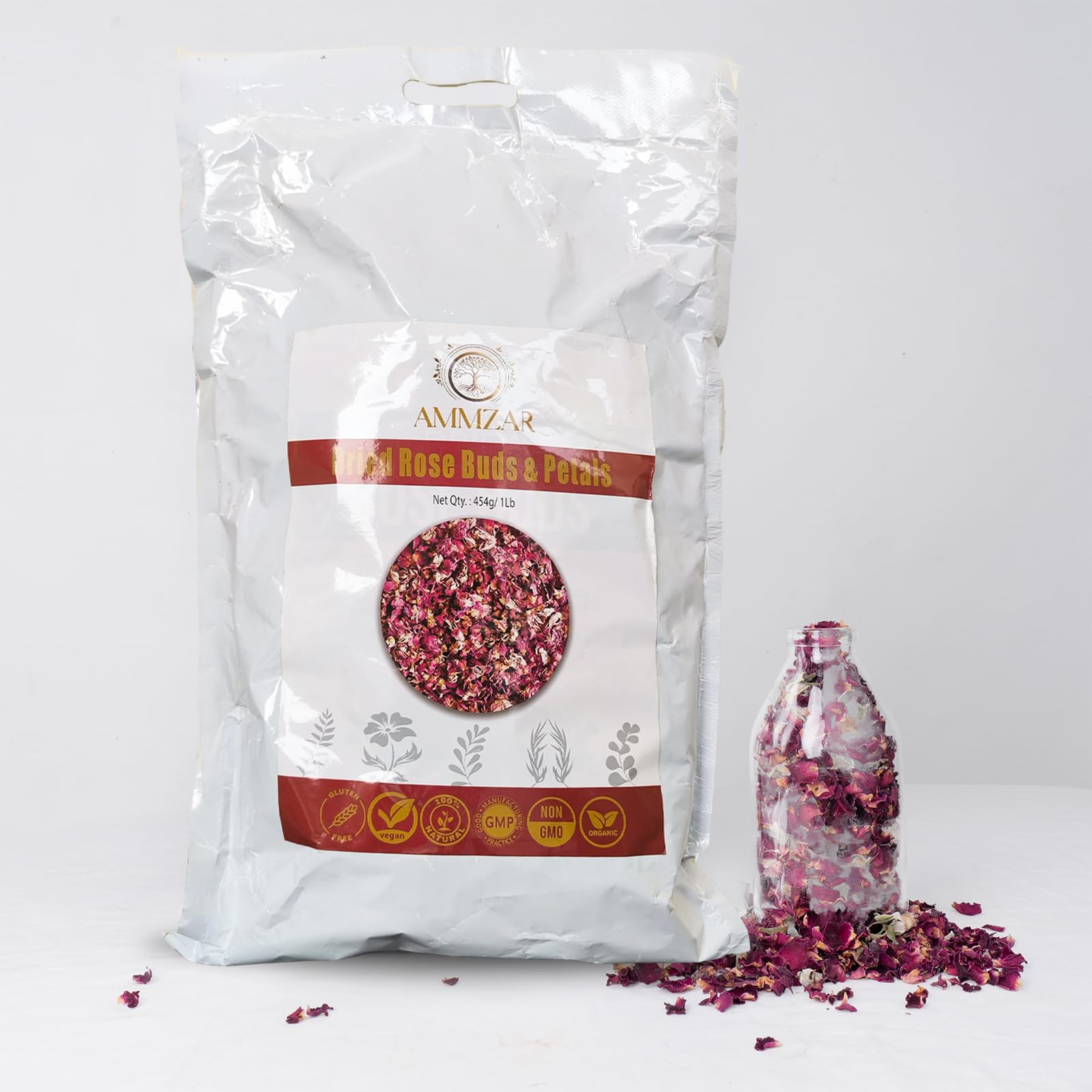 Ammzar Sun-Dried Rose Petals & Dried Rose Buds Whole In Pouch - Fragrant & Rich in Color, Ideal for Culinary & Aromatic Uses Food Grade Edible Flowers