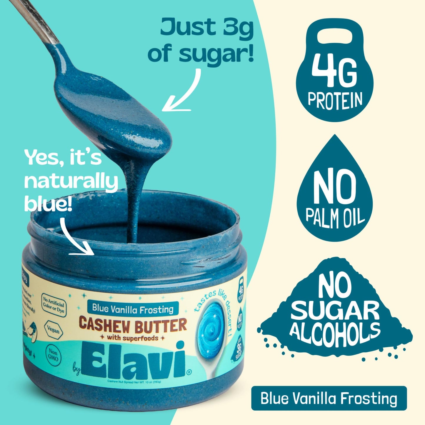 ELAVI Keto Cashew Butter, Kid-Friendly, Low-Sugar Dessert Spread | Vegan, No Added Sugar, No Sugar Alcohols, No Palm Oil (1 Count, Blue Vanilla)
