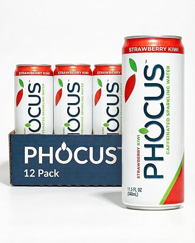 PHOCUS Caffeinated Sparkling Water, Strawberry Kiwi, 75mg Natural Caffeine Plus L-Theanine, Zero Sugar, Zero Calories, No Artificial Sweeteners, 11.5