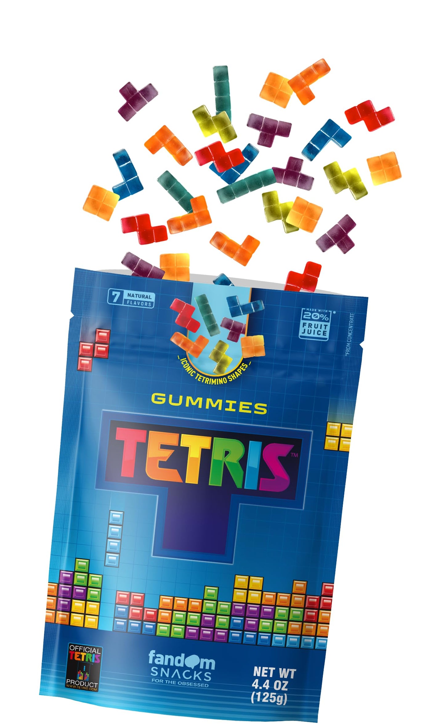Fandom Snacks TETRIS™ Gummies, 4.4 oz - Officially Licensed TETRIS Candy, 7 Natural Flavors, Made with 20% Fruit Juice Concentrate, Tetrimino Shapes