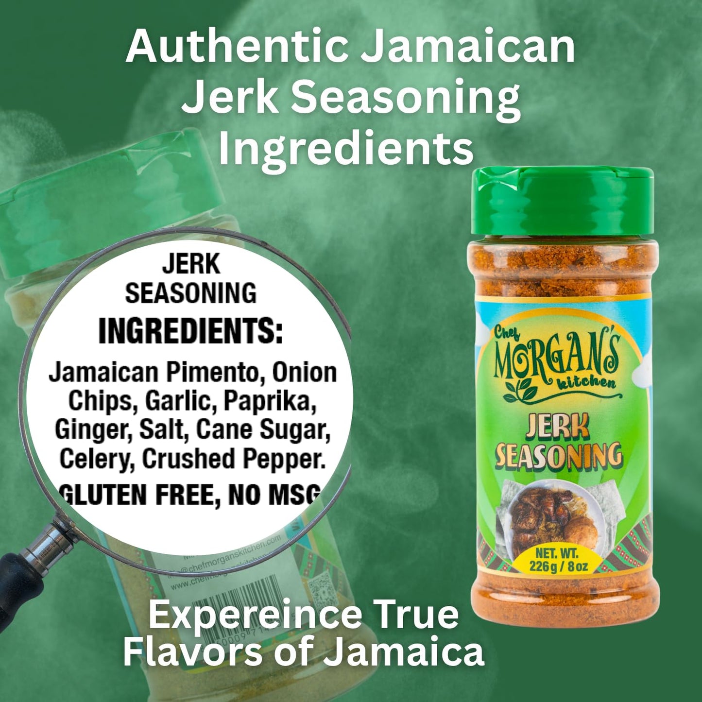 Chef Morgan’s Kitchen Jerk Seasoning - MSG & Gluten Free, 8oz. Authentic Jamaican Spice Blend for Jerk Chicken - Dry Rub for Grilling, Baking