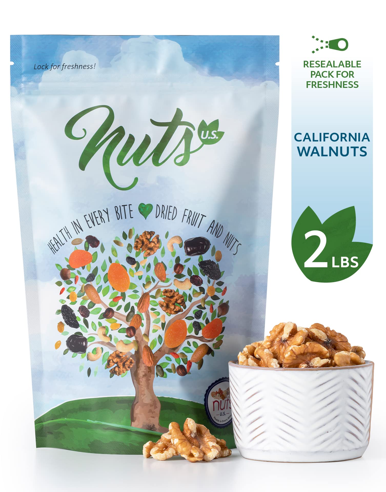 NUTS U.S. - California Raw Walnuts (No Shell) - Fresh Chandler Variety with a Mild, Buttery Crunch - A Delicious Source of Protein, Fiber & Omega-3