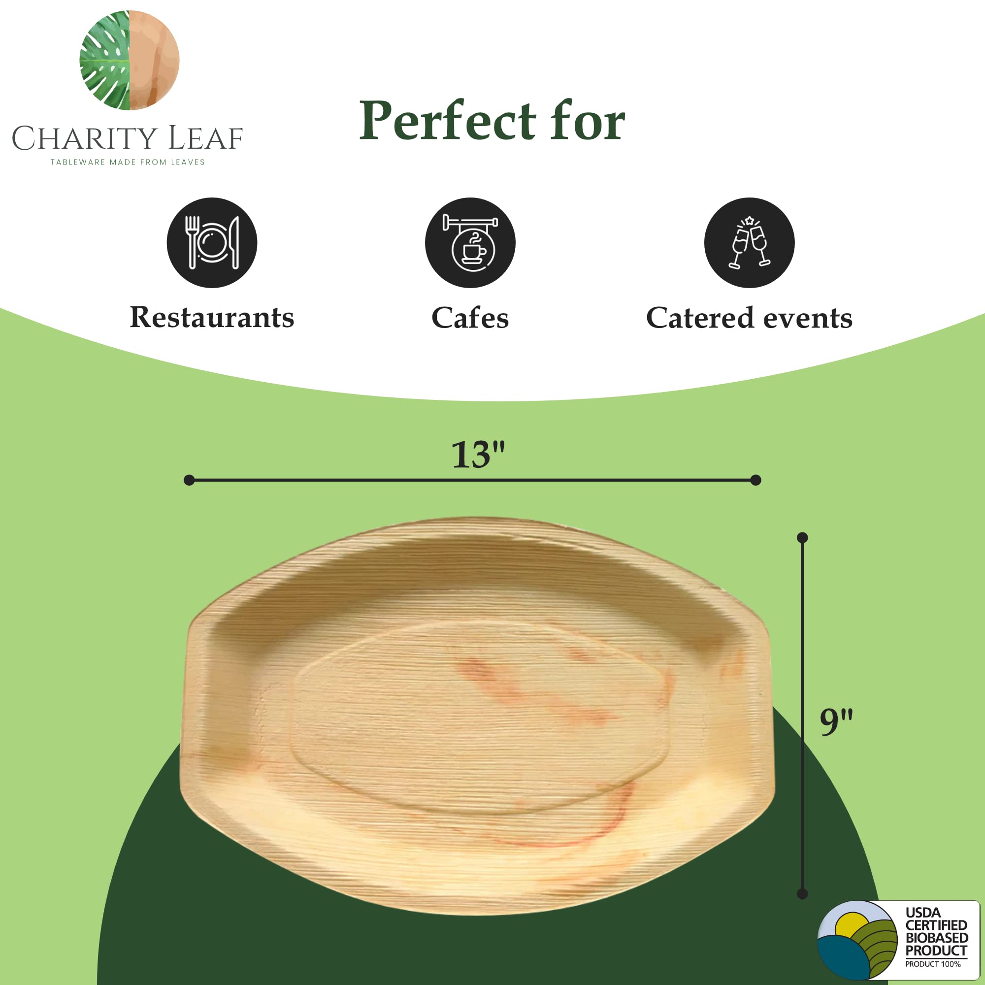 Charity Leaf Disposable Palm Leaf 13" x 9" Trays (10 pieces) Bamboo Like Serving Platters, Disposable Boards, Eco-Friendly Dinnerware For Weddings