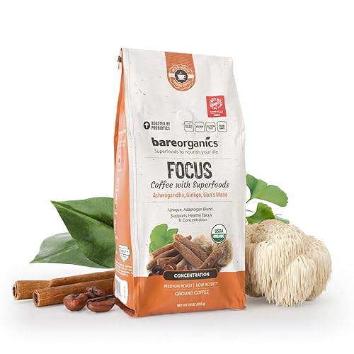 Focus Coffee with Superfoods - Organic Probiotic Mushroom Ground Bagged Coffee, Supports Healthy Focus & Digestion, Infused with Ashwagandha, Lion's