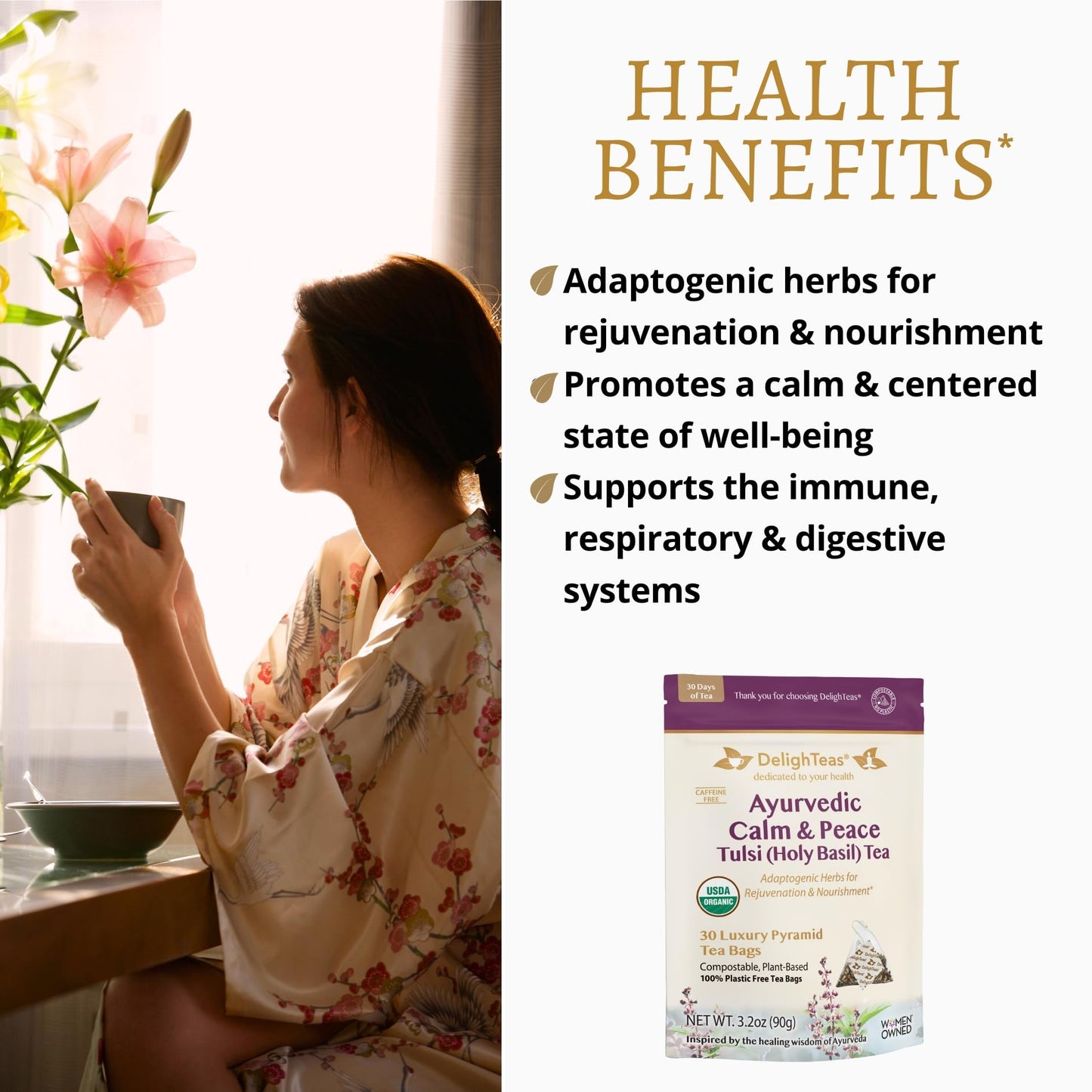 DelighTeas Tulsi Holy Basil Tea | Eco-Conscious Pyramid Tea Bags | Ayurvedic Tulsi, Ashwagandha Adaptogen Blend | USDA Organic, Caffeine Free, Kosher