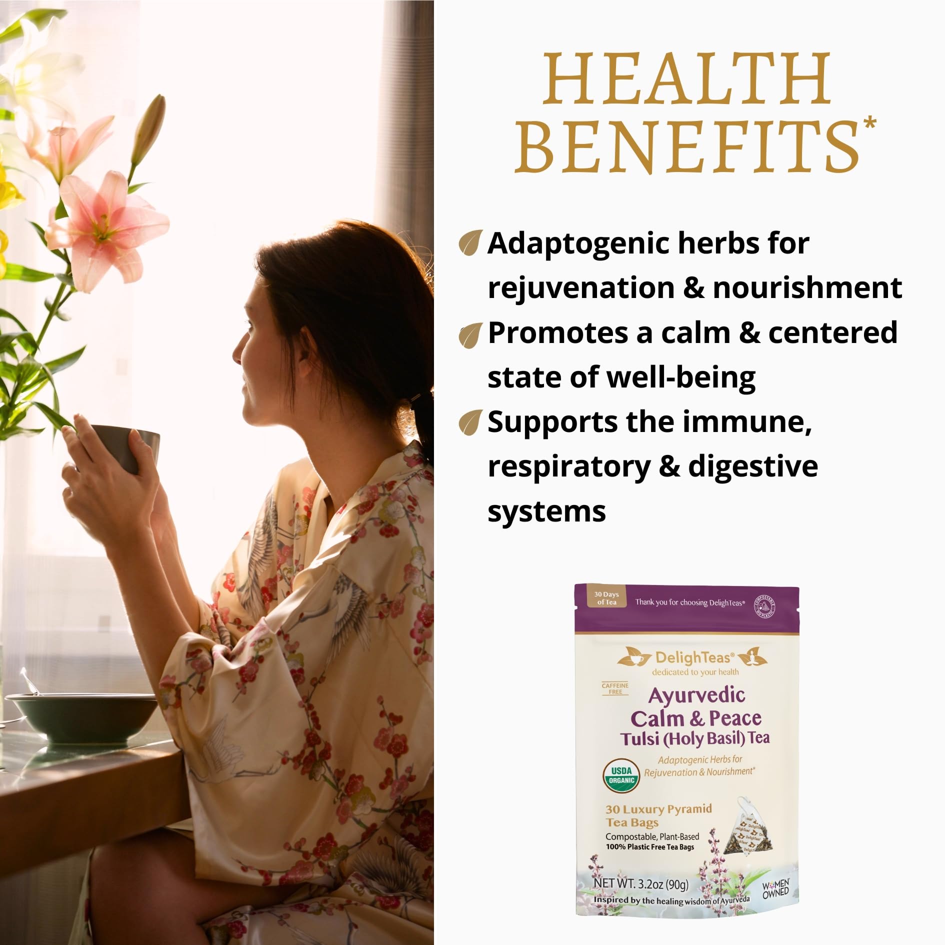 DelighTeas Tulsi Holy Basil Tea | Eco-Conscious Pyramid Tea Bags | Ayurvedic Tulsi, Ashwagandha Adaptogen Blend | USDA Organic, Caffeine Free, Kosher