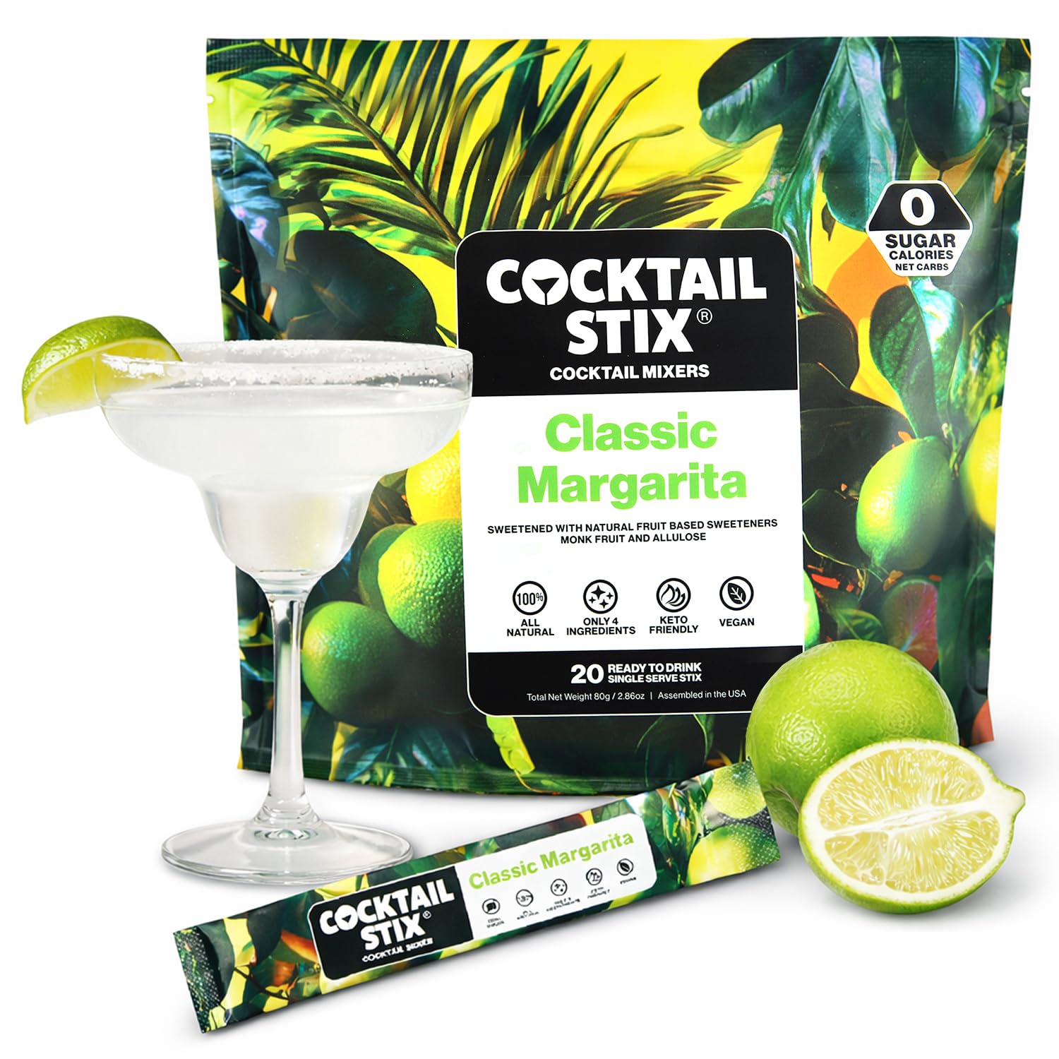 Cocktail Stix Classic Margarita Zero Sugar Mixer - Cocktail & Mocktail Drink Mixer - Water Flavoring Packets - Vegan - No Calories, No Carbs, No Sugar