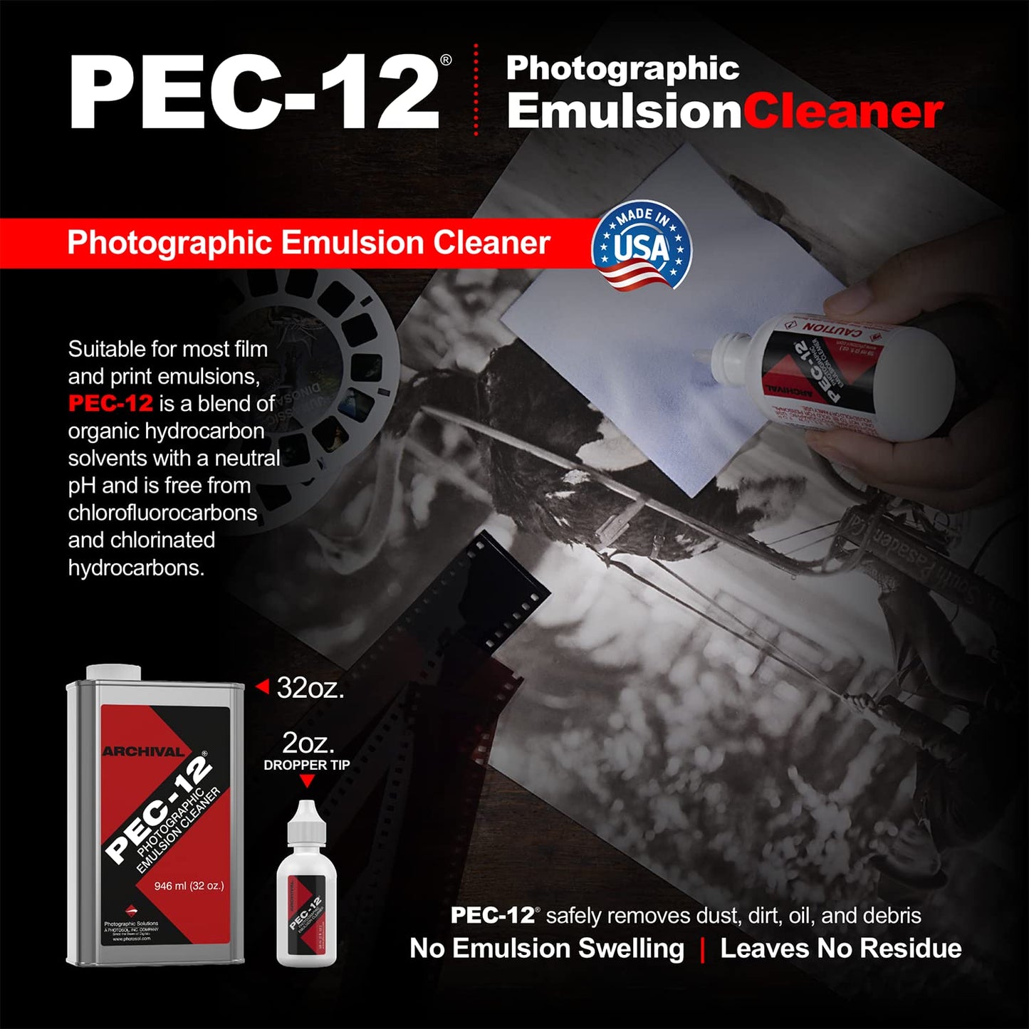 PEC-12 Photographic Emulsion Cleaner Kit and PEC-PAD Lint Free Non-Abrasive Wipes 4"x4" 100 Sheets per/Pkg - for Cleaning Film, Photo Negative, B&W