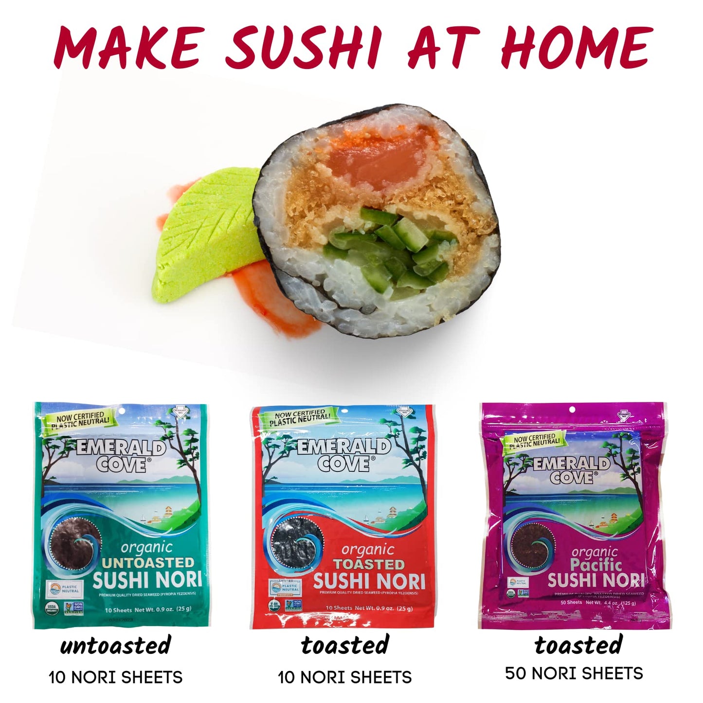 Emerald Cove Organic Toasted Nori, Dried Seaweed Sheets for Sushi, Kimbap, Onigiri, Musubi, Product of Korea, Resealable Bag, 10 Sheets (1 pack)