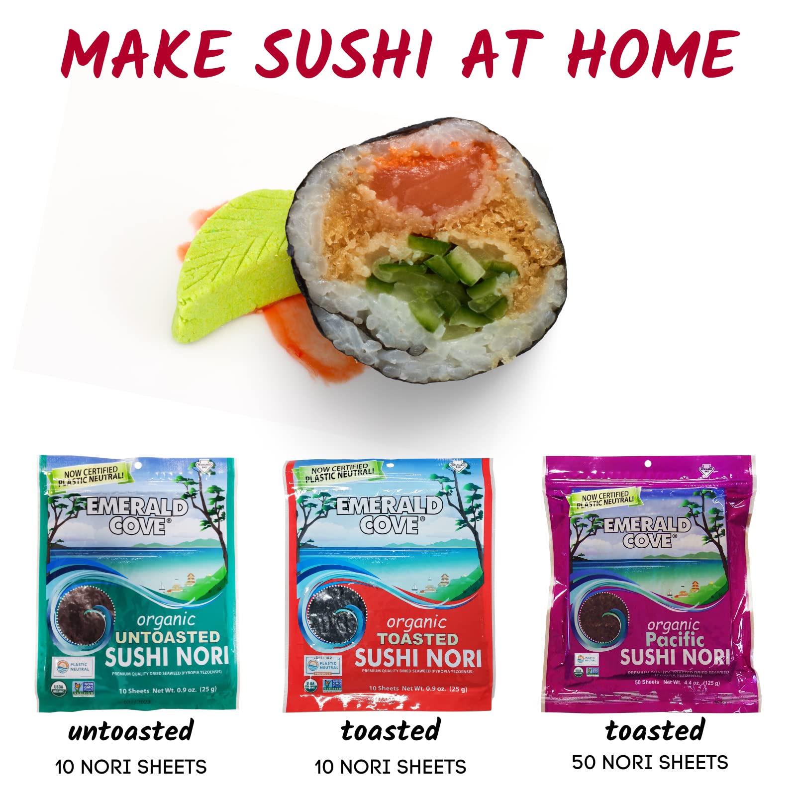 Emerald Cove Organic Toasted Nori, Dried Seaweed Sheets for Sushi, Kimbap, Onigiri, Musubi, Product of Korea, Resealable Bag, 10 Sheets (1 pack)