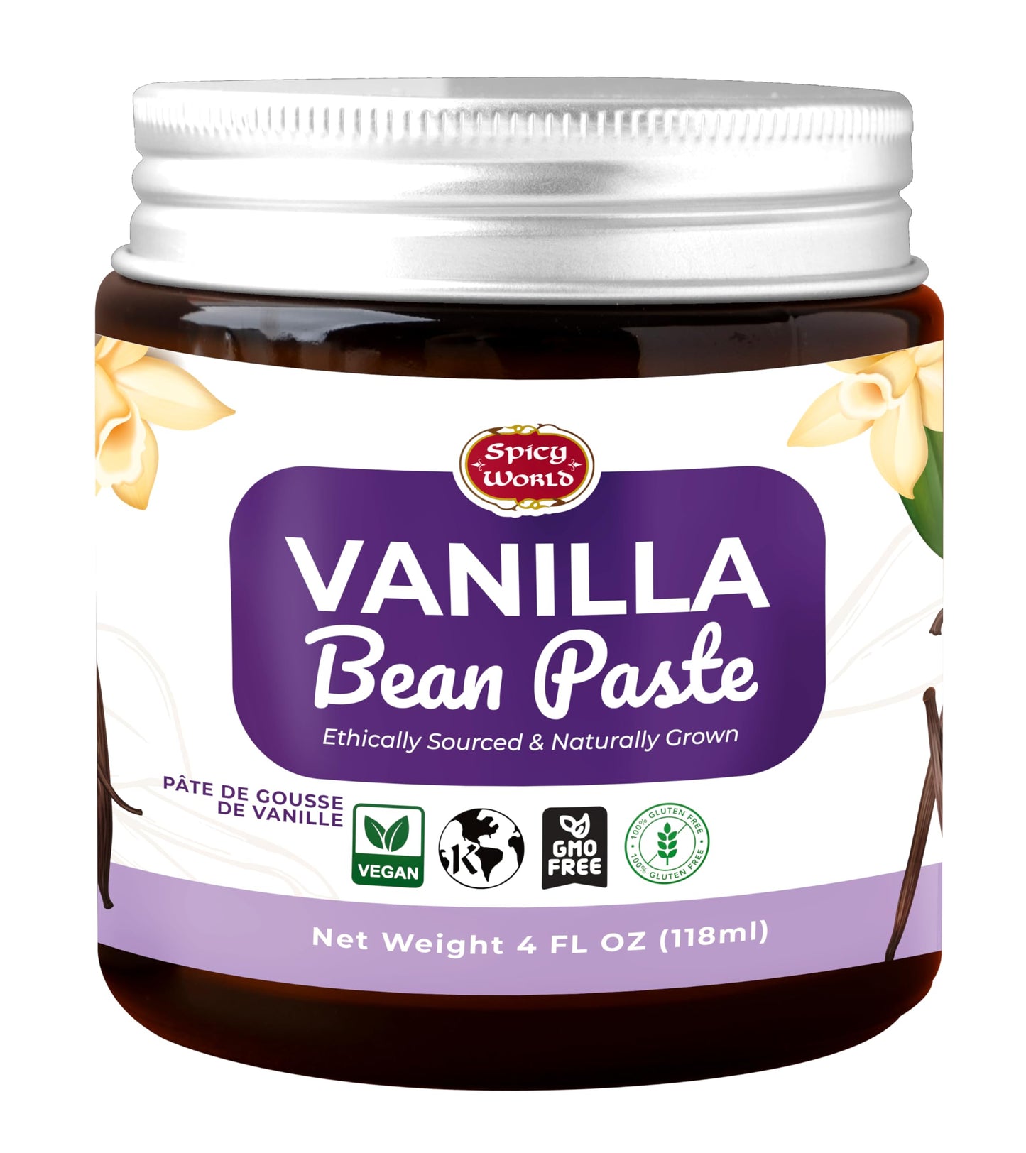 Spicy World Vanilla Bean Paste 4oz Jar - All Natural & Pure - Made with Organic Agave Syrup - For Cooking, Baking & Desserts - 100% Vegan & Kosher