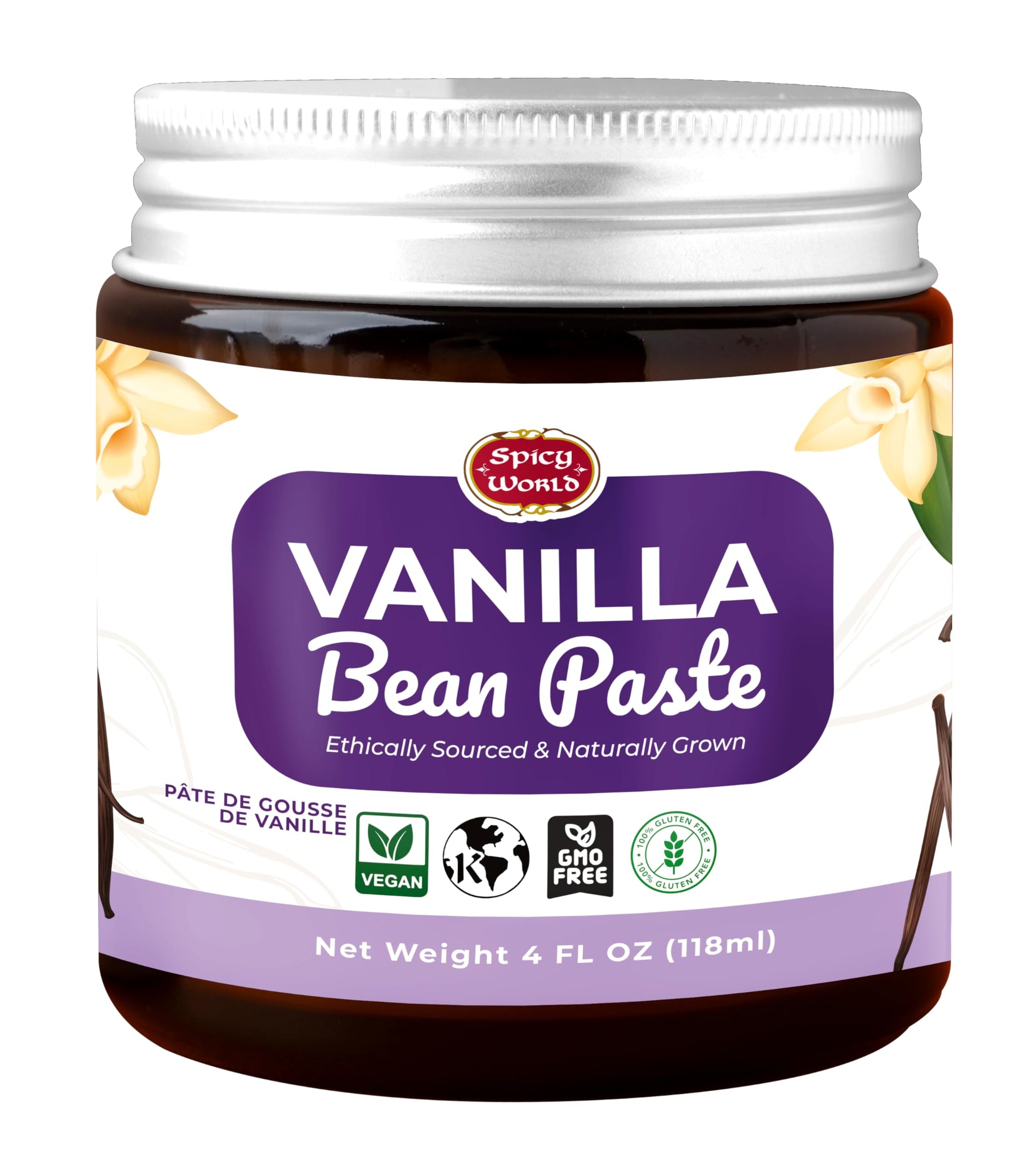 Spicy World Vanilla Bean Paste 4oz Jar - All Natural & Pure - Made with Organic Agave Syrup - For Cooking, Baking & Desserts - 100% Vegan & Kosher