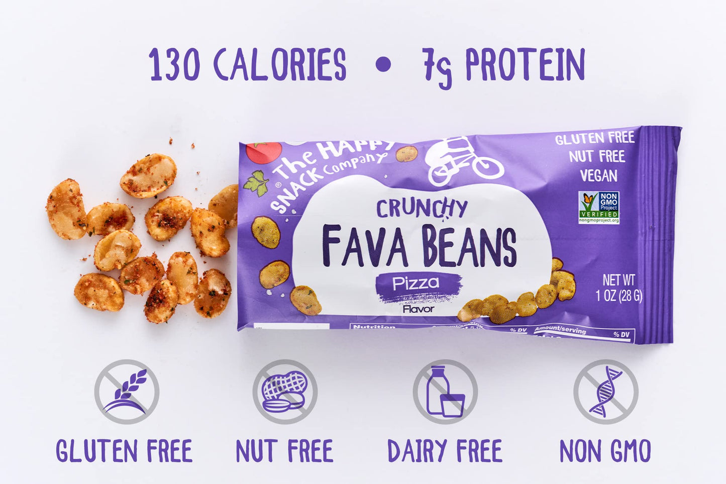 The Happy Snack Company Fava Beans Variety Pack 24 x 1 oz (Smoky BBQ Flavor and Pizza Flavor). High Fiber Vegan Protein Snacks for Adults and Kids