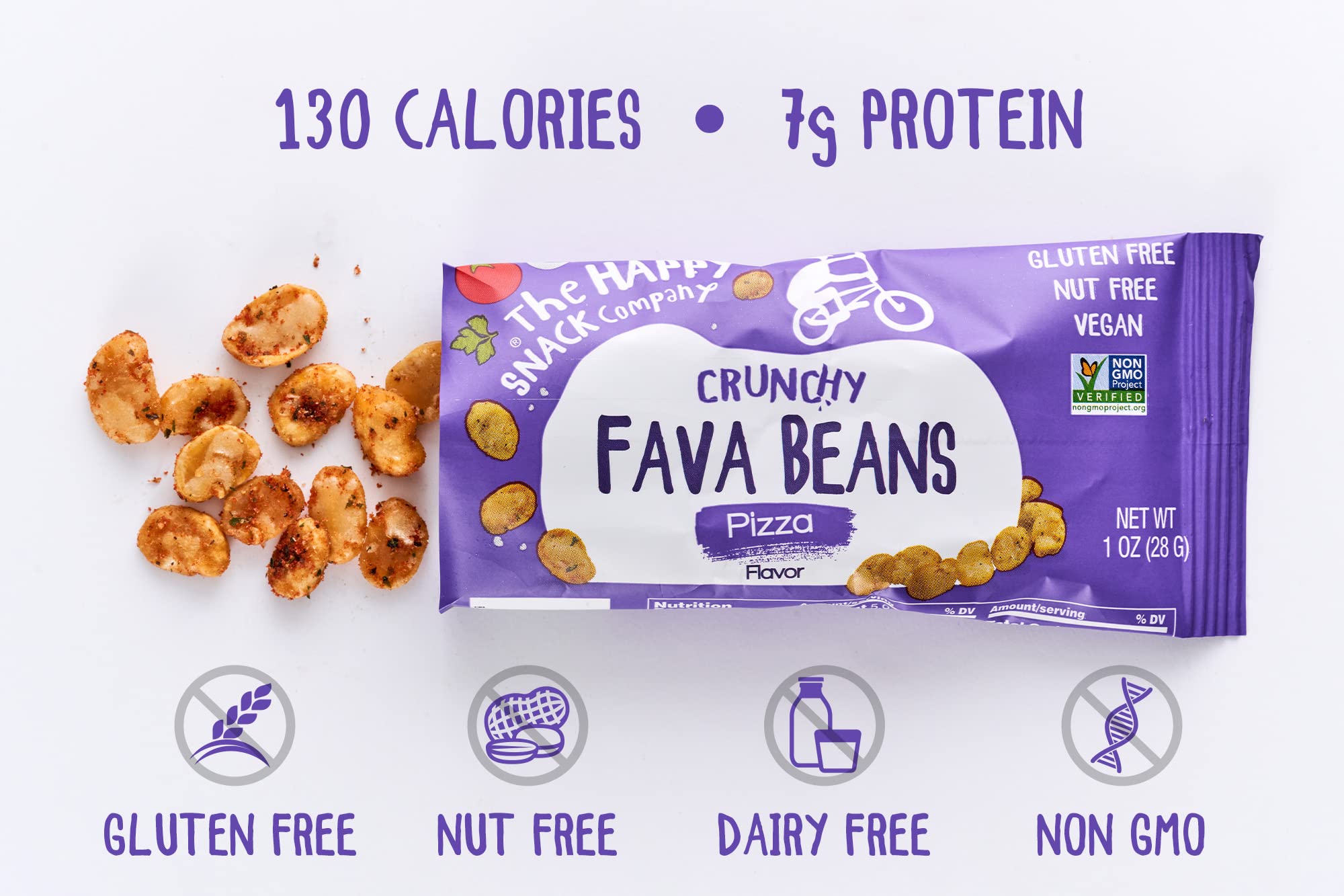 The Happy Snack Company Fava Beans Variety Pack 24 x 1 oz (Smoky BBQ Flavor and Pizza Flavor). High Fiber Vegan Protein Snacks for Adults and Kids
