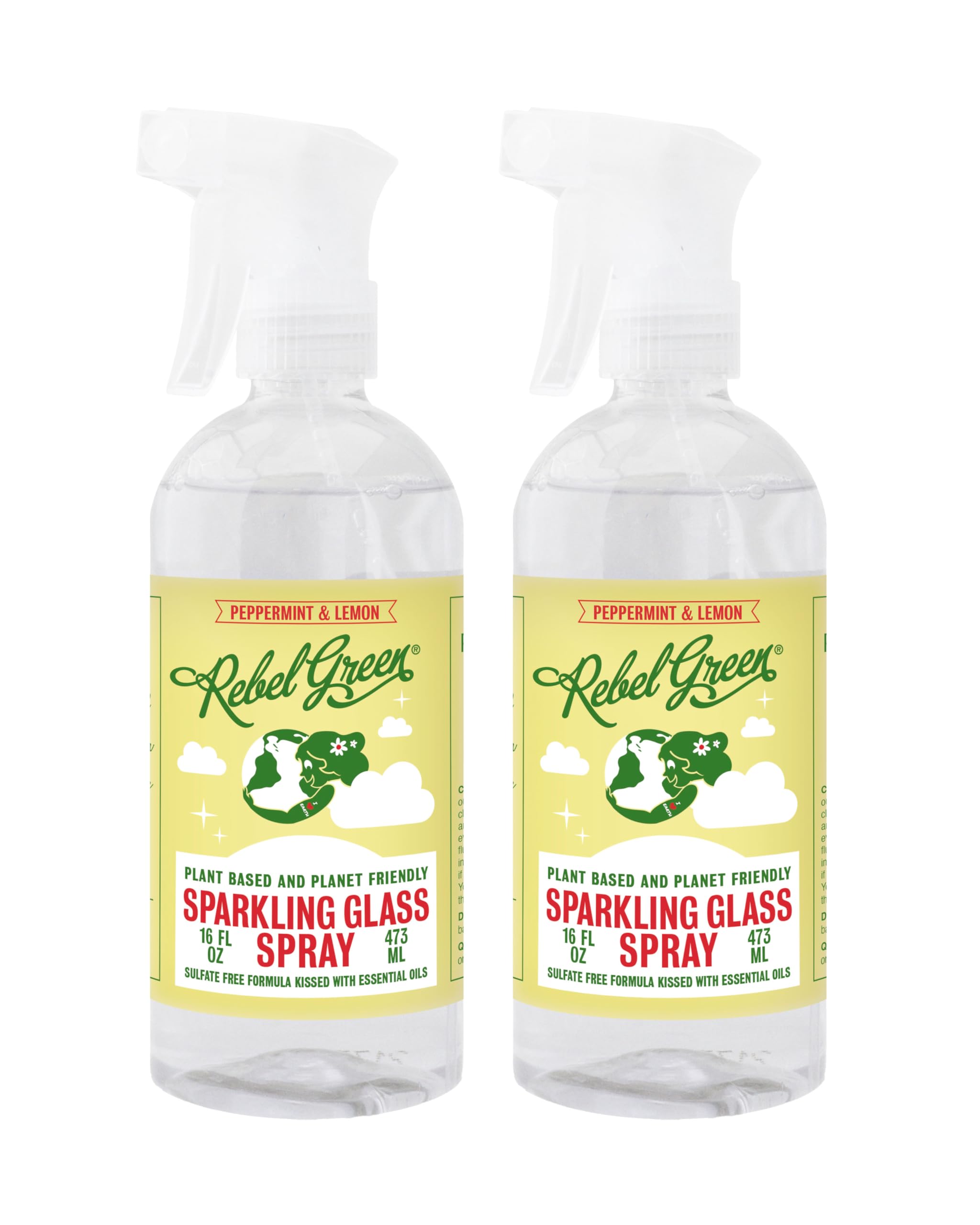 Rebel Green Sparkling Glass Spray - Streak-Free Natural Glass Cleaner for Windows, Mirrors, and Surfaces - Peppermint & Lemon Scent - 16 oz - 2 Pack