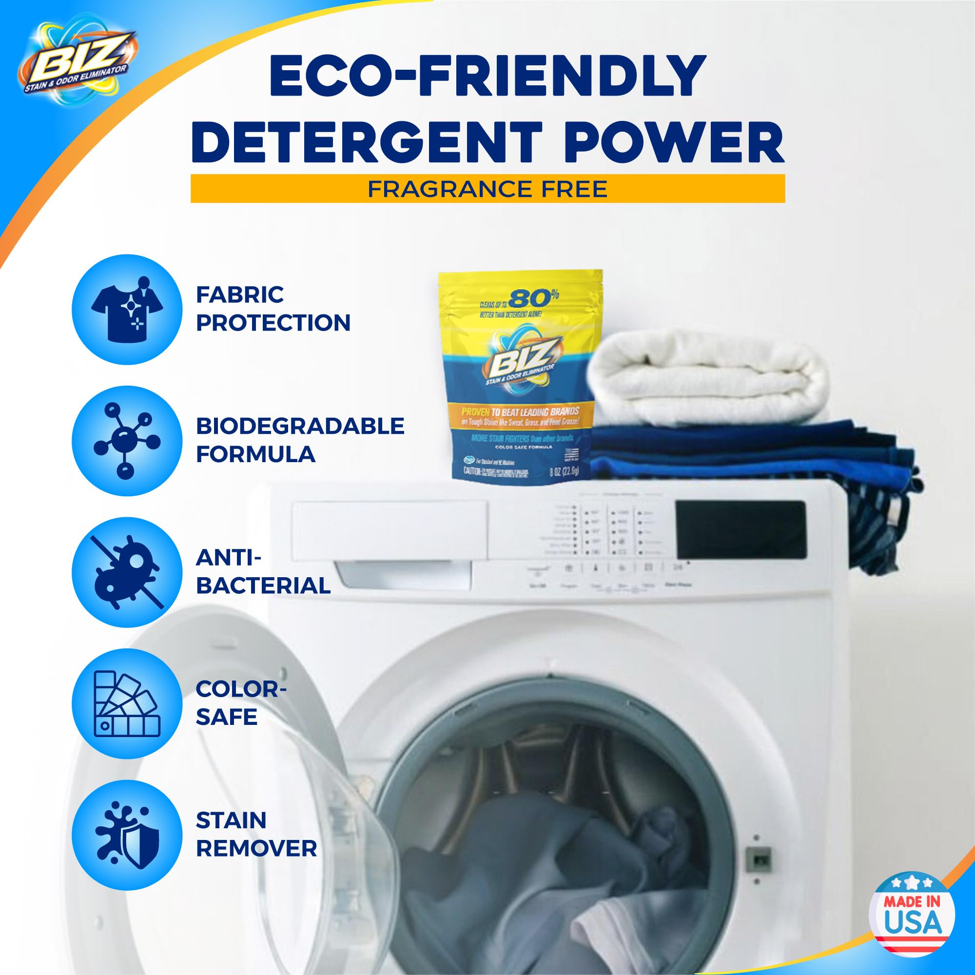Biz Laundry Detergent Powder, Stain and Odor Eliminator for Tough Stains Like Grass Sweat and Food Grease, Powder Laundry Detergent, Color Safe, HE