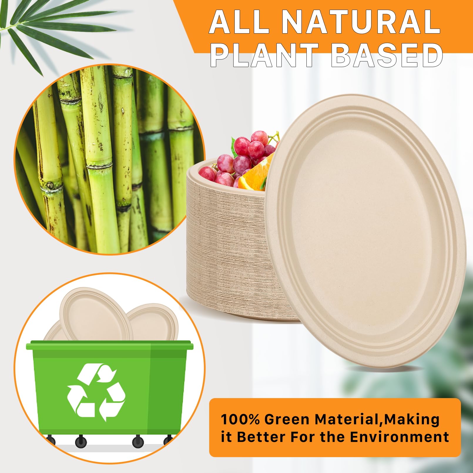 Enjamyo 50 Pack Oval Paper Plates,12 inch Paper Plates Heavy Duty,Compostable Natural Bagasse Unbleached Sugarcane Plate,Disposable Plate for BBQ