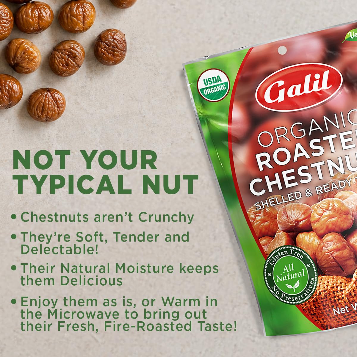 Galil Organic Roasted Chestnuts Pack of 6 Shelled & Ready to Eat Chestnuts - Gluten Free, Vegan, Organic, Non-GMO, Kosher Snacks - Great for Baking