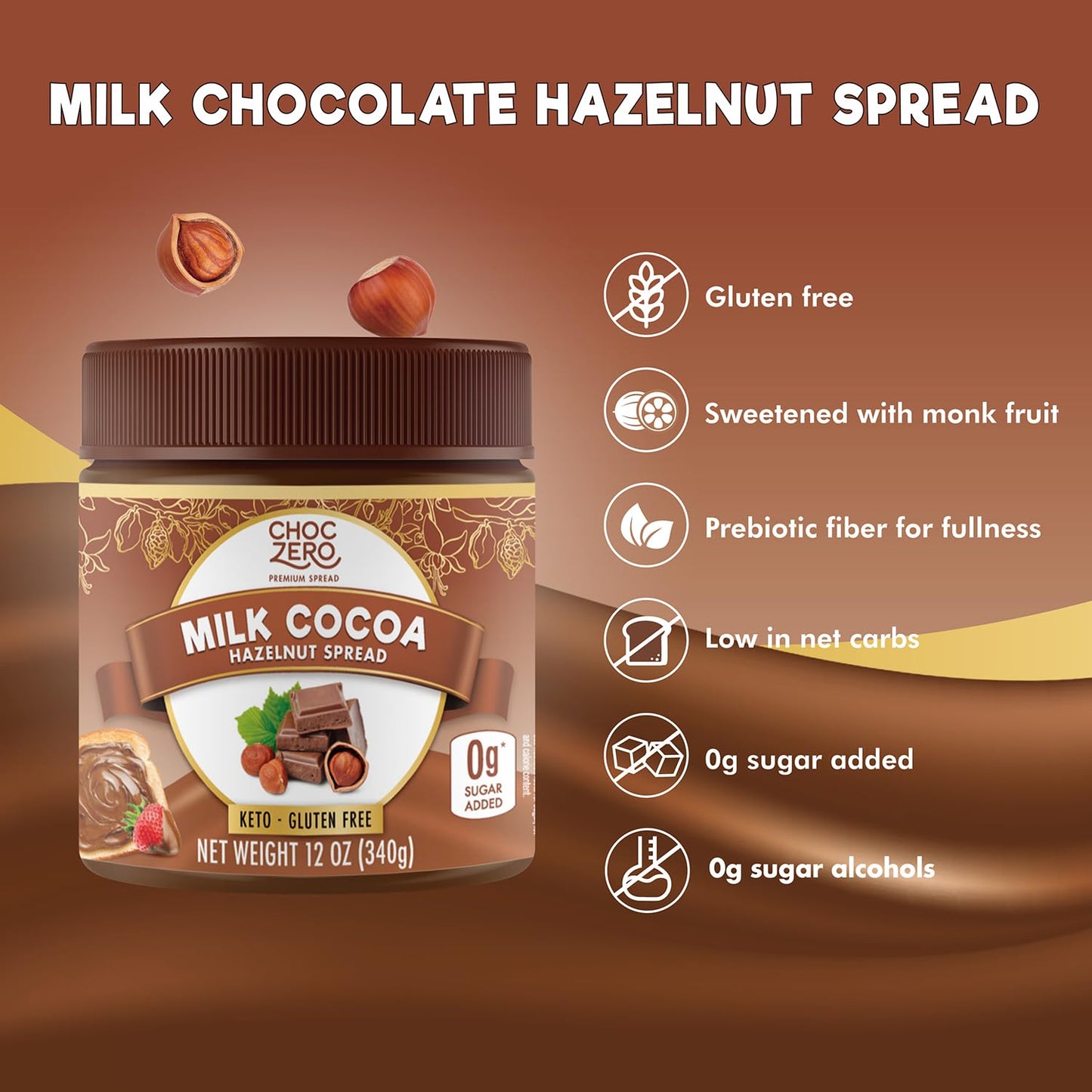 ChocZero Milk Chocolate Hazelnut Spread - No Added Sugar, Keto Friendly Low-Carb Chocolate Hazelnut Dessert & Bread Topping, Gluten Free, High Fiber