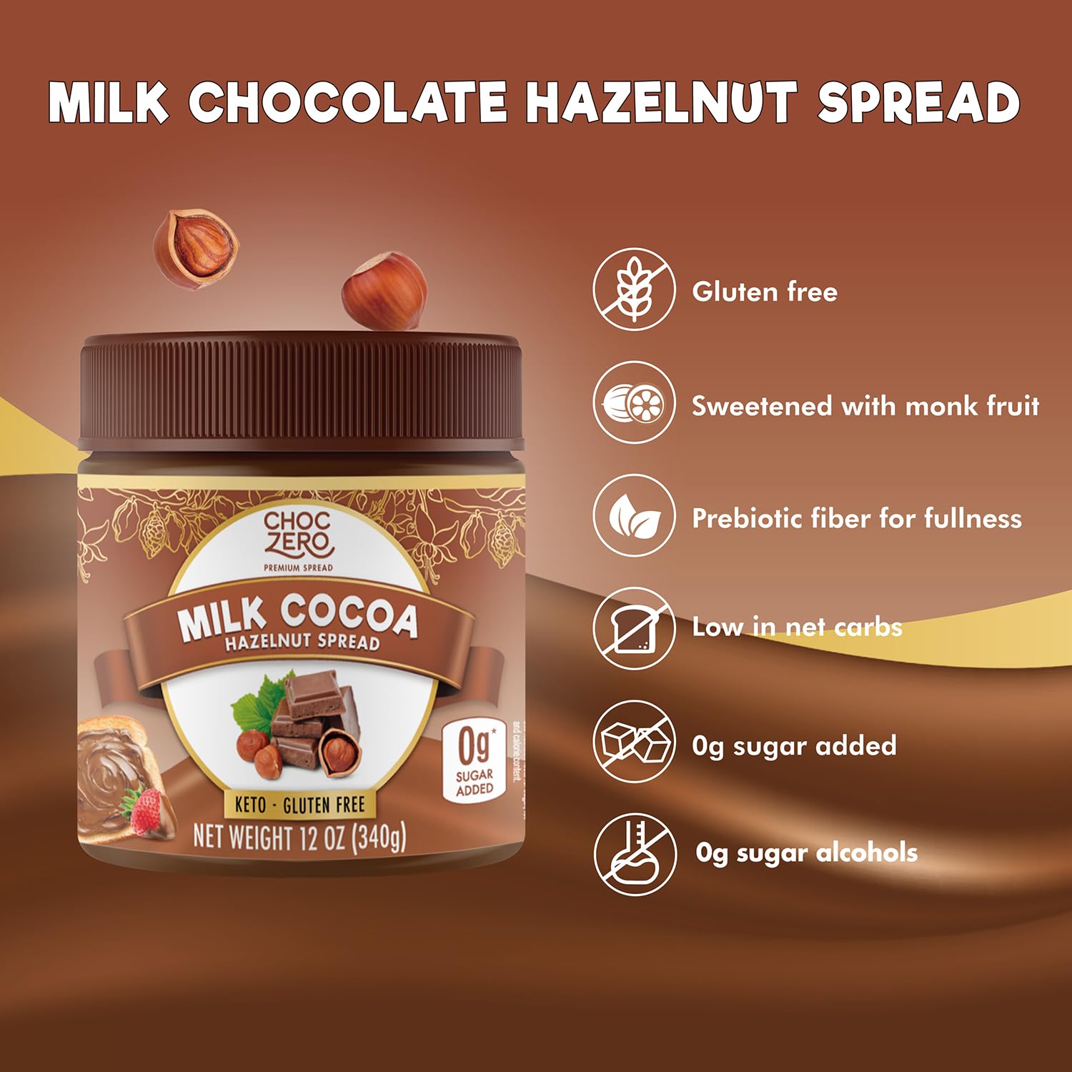ChocZero Milk Chocolate Hazelnut Spread - No Added Sugar, Keto Friendly Low-Carb Chocolate Hazelnut Dessert & Bread Topping, Gluten Free, High Fiber