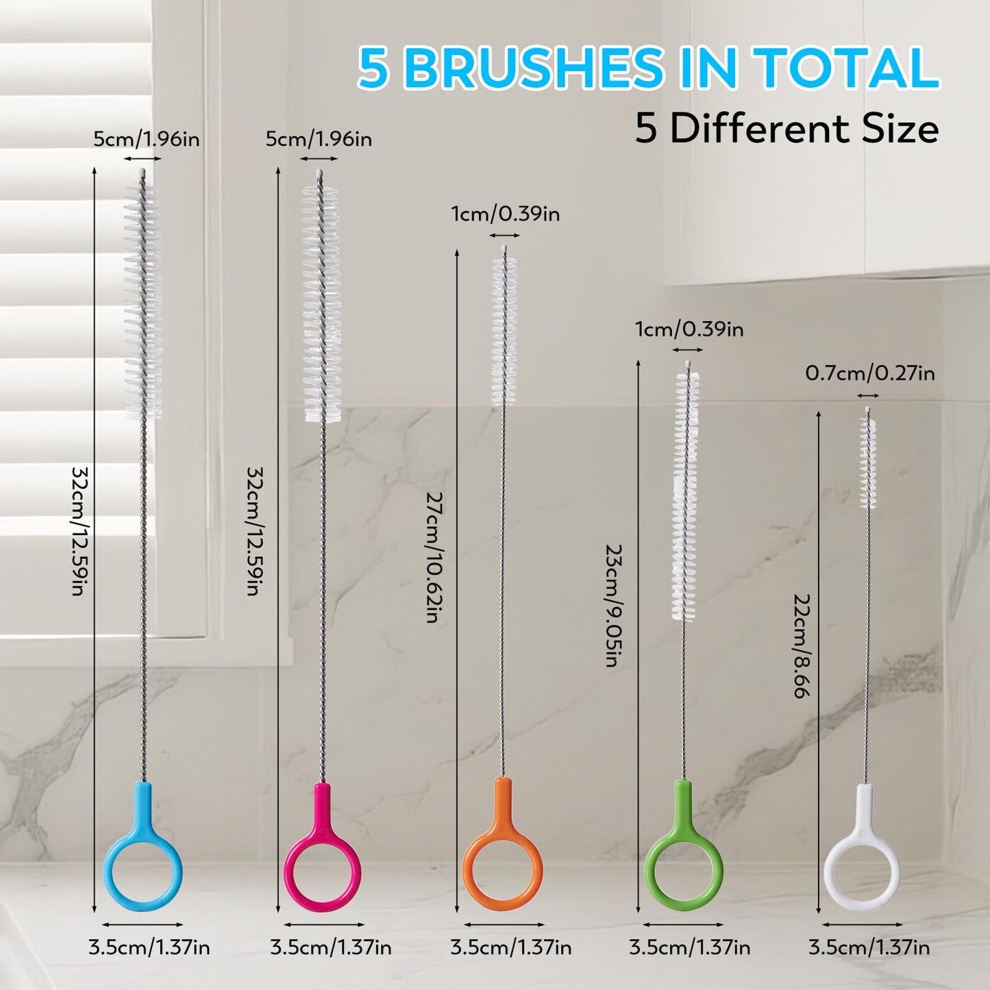 ZRHR Heavy Duty Straw Cleaner Brush Set of 5, Reusable Cleaner Brush with Metal and Plastic, Extra Long Straw Brush for Stanley Cup Tumbler Glass