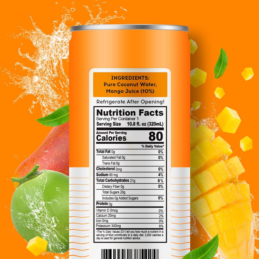 100 Coconuts Mango Pure Coconut-100% Pure Coconut Water - Low Calorie All-Natural Drink with Electrolytes - Naturally Sweet, no preservatives