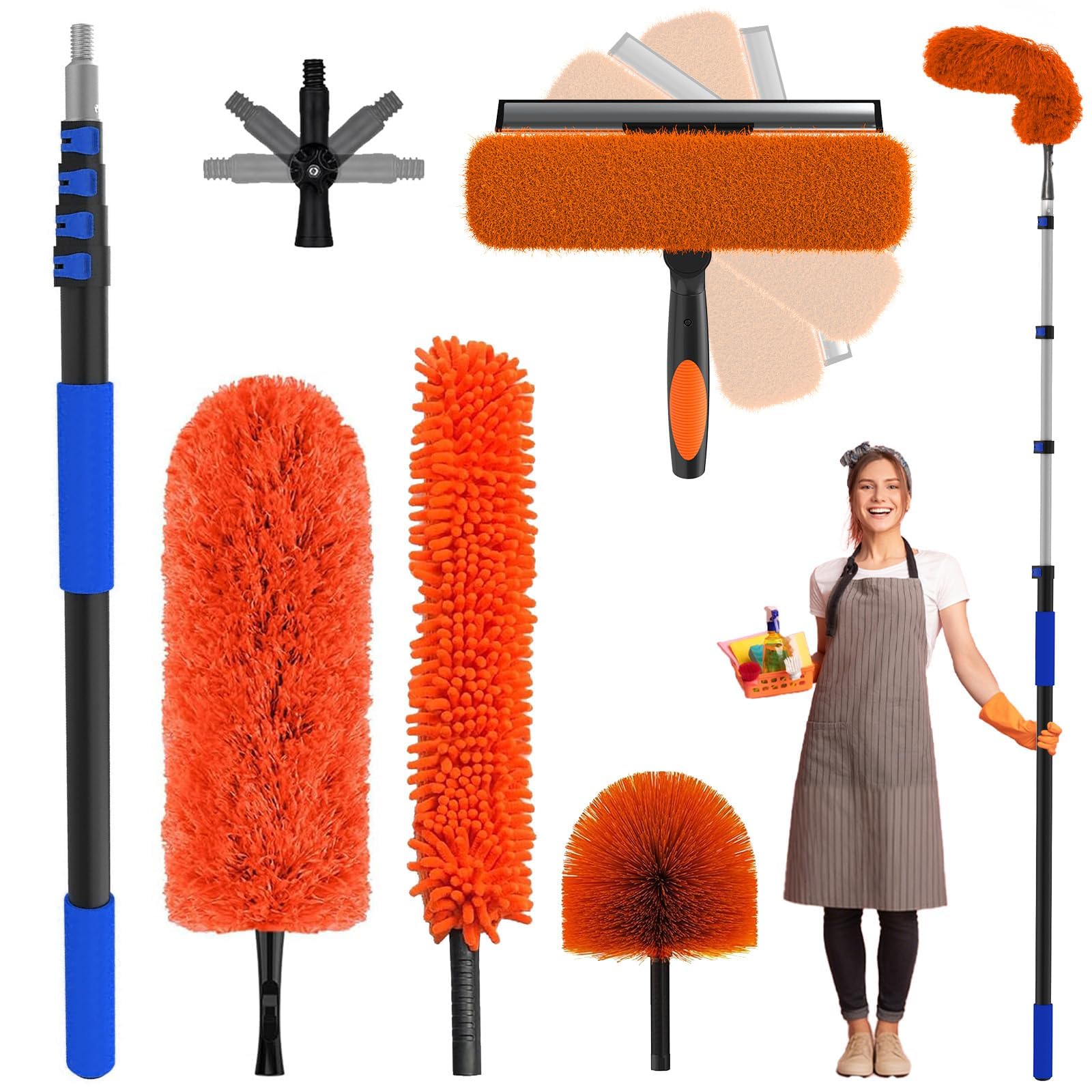 SKGPOLE 26 Foot High Reach Duster Kit with 5-20 ft Telescoping Extension Pole, High Ceiling Duster, Cobweb Duster, Window Squeegee, Feather Duster