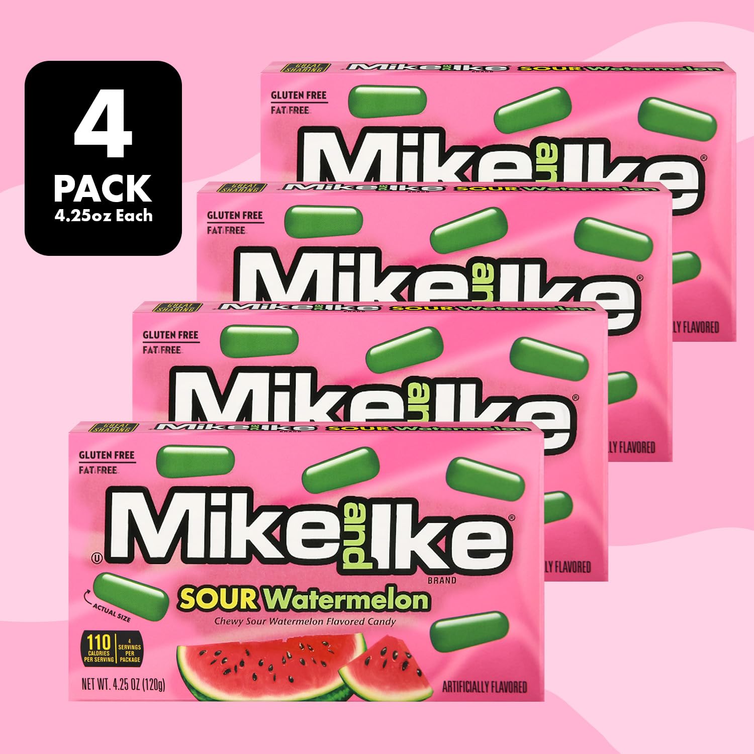 Mike and Ike Sour Watermelon, 4 Pack of Movie Theater Candy Boxes 4.25 OZ Each, Ideal Mike and Ike for Your Favorite Films, Perfect for Sharing