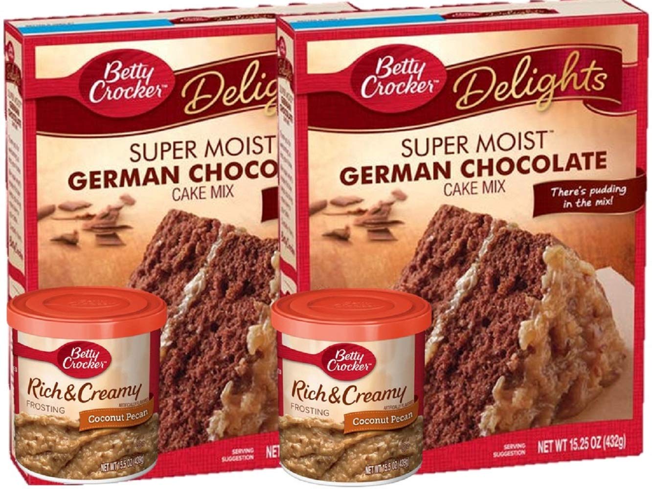 Betty Crocker Super Moist German Chocolate Cake Mix and Coconut Pecan Frosting Bundle (4 Pack)