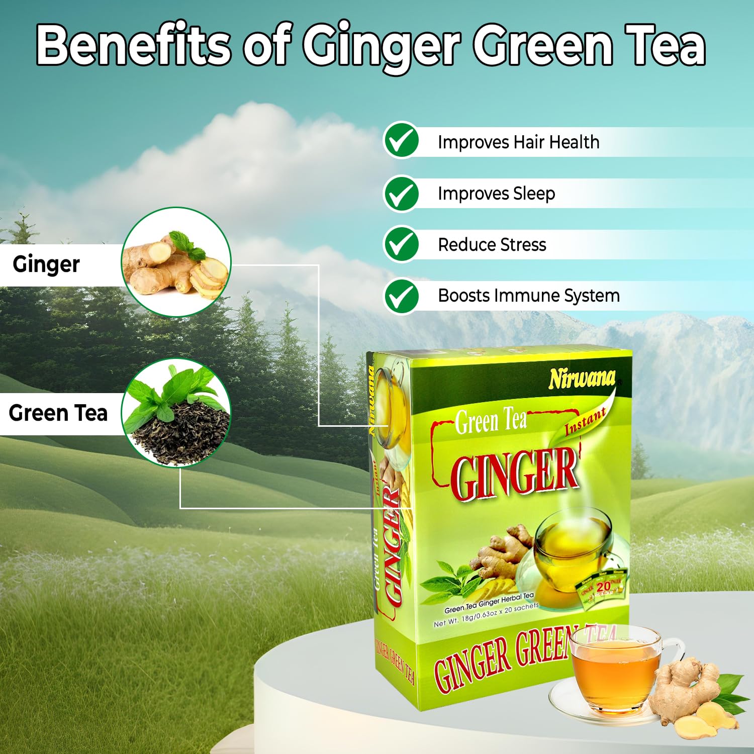 Green Ginger Tea - Refreshing Blend of Green Tea and Ginger with a Hint of Lemon | Antioxidant-Rich, Naturally Energizing Herbal Tea | Perfect
