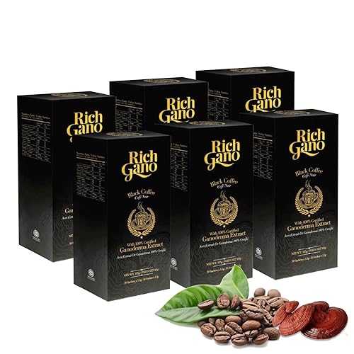 Rich Gano Reishi Mushroom Coffee - (6 Boxes of 30 Sachets) Black Coffee with Ganoderma Extract - All Natural Vegan Friendly Instant Coffee Packets