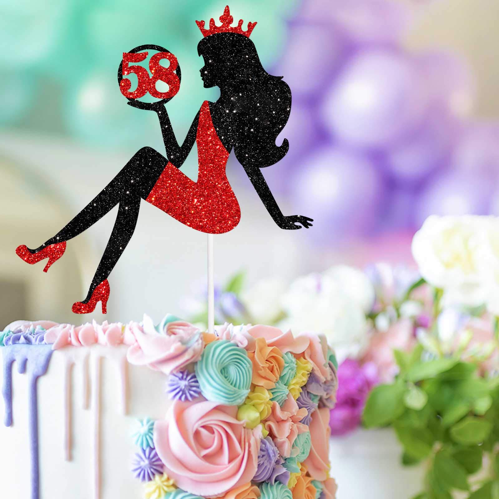 58 Red & Black Sitting Girl Silhouette Cake Topper Decorations with Glamour for Lady 58 Birthday Theme Queen Sexy Party Decor Supplies