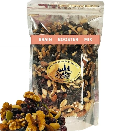 Brain Booster Nut Seed and Fruit Mix - walnuts, almonds, peanuts and a touch of sweetness from dried cranberries, blueberries, and chocolate. (1.75