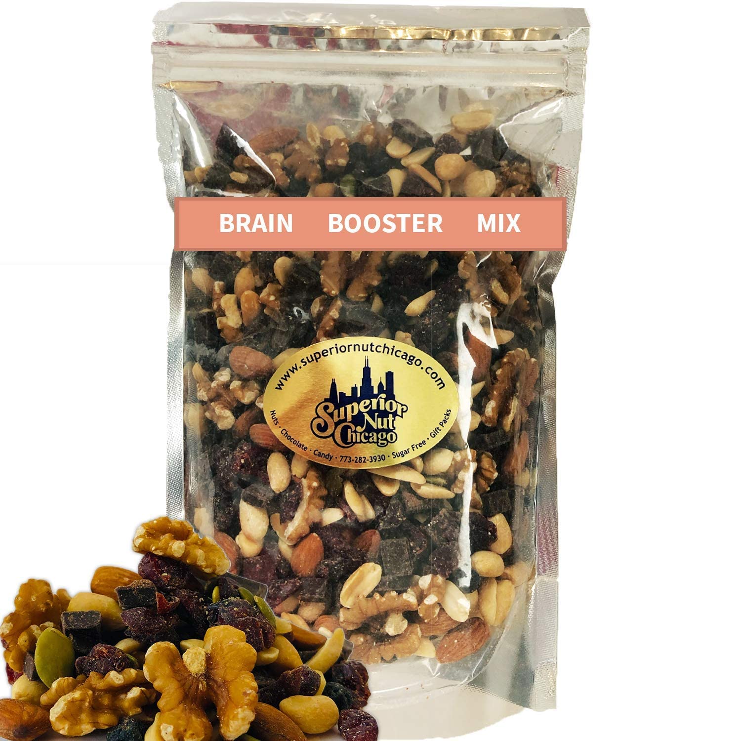 Brain Booster Nut Seed and Fruit Mix - walnuts, almonds, peanuts and a touch of sweetness from dried cranberries, blueberries, and chocolate. (1.75