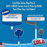 LOLA Rola PET Hair Remover Sticky Mop, Giant Floor Lint Roller, 9" x 3.5", Extender Handle, Largest Head, Traps Hair, Dust, Dirt, Extra Sticky Sheets